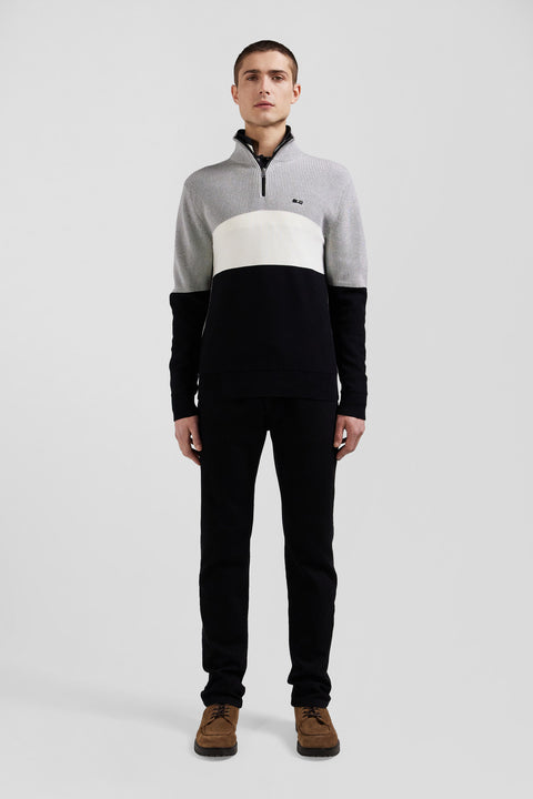 Regular grey semi-zipped cotton jumper with knit patterns - Image 1