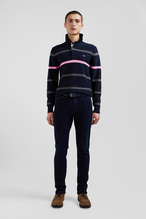 Regular navy blue striped cotton polo neck jumper - Image 1