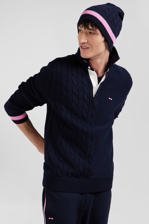 Regular navy blue cotton jumper with rugby shirt collar - Image 3