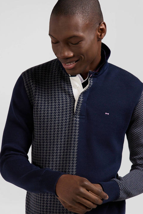 Regular navy blue cotton jumper with houndstooth jacquard and rugby shirt collar - Image 3