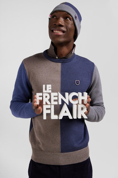 Regular navy and brown colourblock cotton crew neck jumper - Image 3