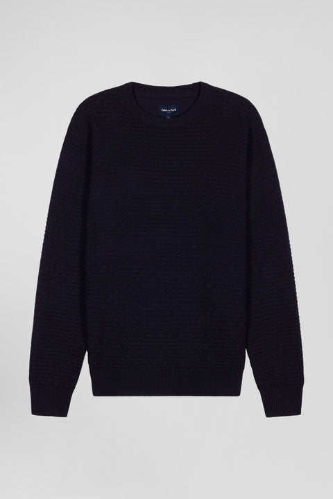 Regular navy blue wool and cotton crew neck jumper with micro bow tie effect - Image 2