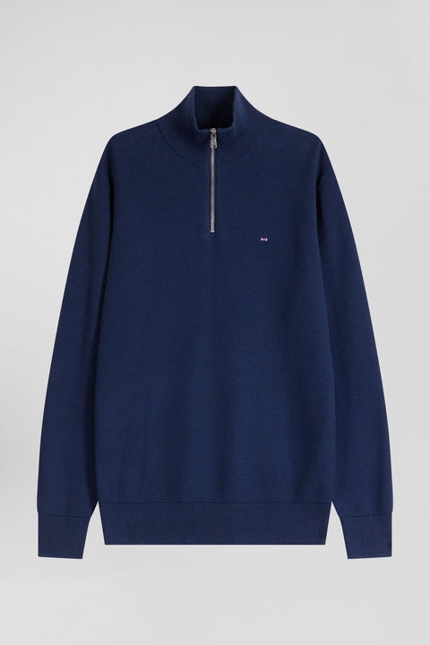 Regular dark blue cotton semi-zipped jumper - Image 2