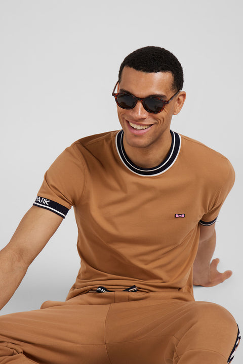 Slim camel short-sleeved cotton T-shirt with Eden Park ribs - Image 3