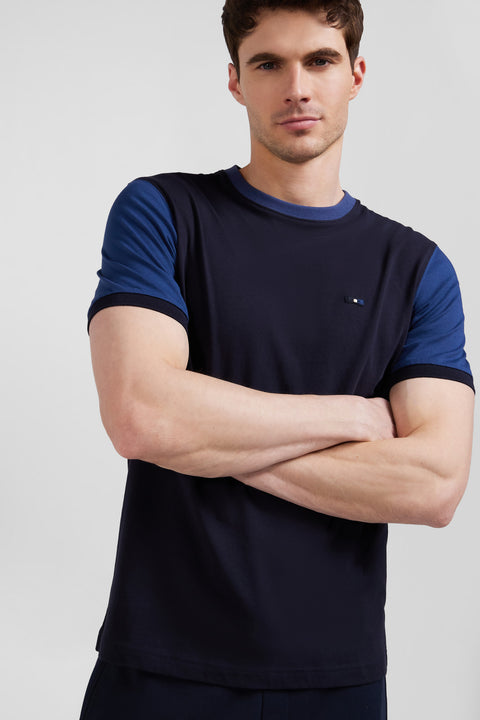 Regular navy blue cotton T-shirt with short contrasting sleeves - Image 3