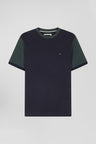 Regular green cotton T-shirt with short contrasting sleeves