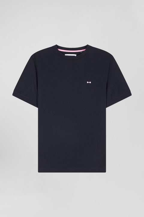 Regular navy short-sleeved cotton T-shirt with back emblem embroidery - Image 2