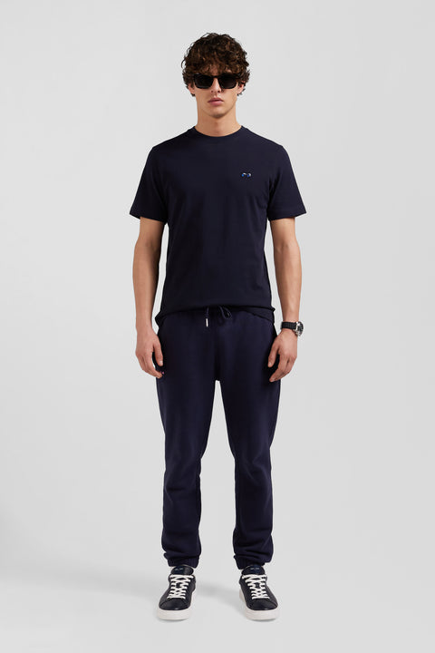 Regular navy blue short-sleeved cotton T-shirt with back embroidery - Image 1