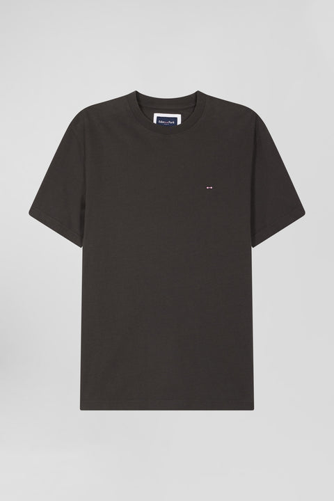 Regular khaki short-sleeved cotton T-shirt with back patch - Image 2