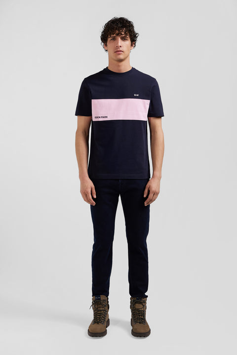Regular navy and pink bicolor short-sleeved cotton T-shirt - Image 1