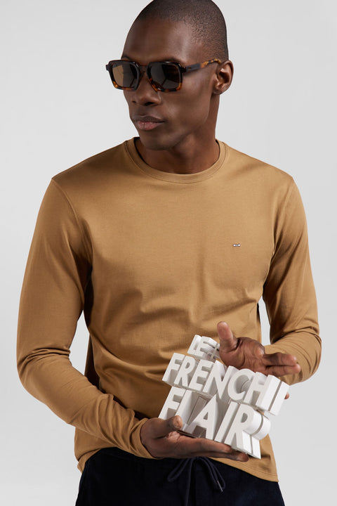 Plain long-sleeved T-shirt in hazelnut cotton, regular fit - Image 3