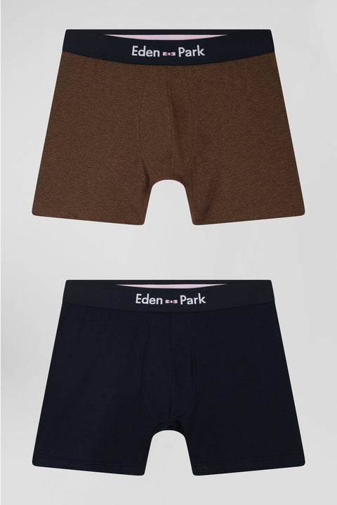 Set of 2 navy blue and brown stretch cotton boxers - Image 1