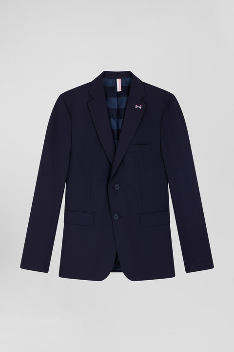 Navy blue wool blend jacket with striped lining Modern fit - Image 1
