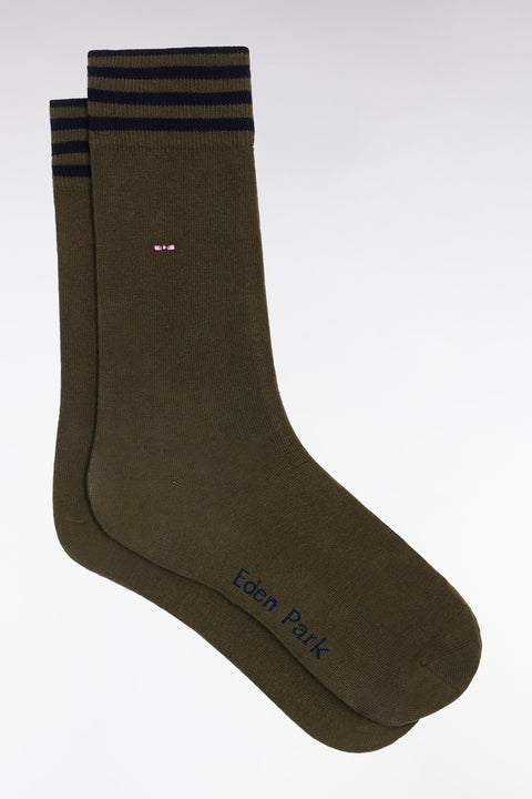 Chaussettes en coton stretch mélangée kaki à bordures rayées - Image 1