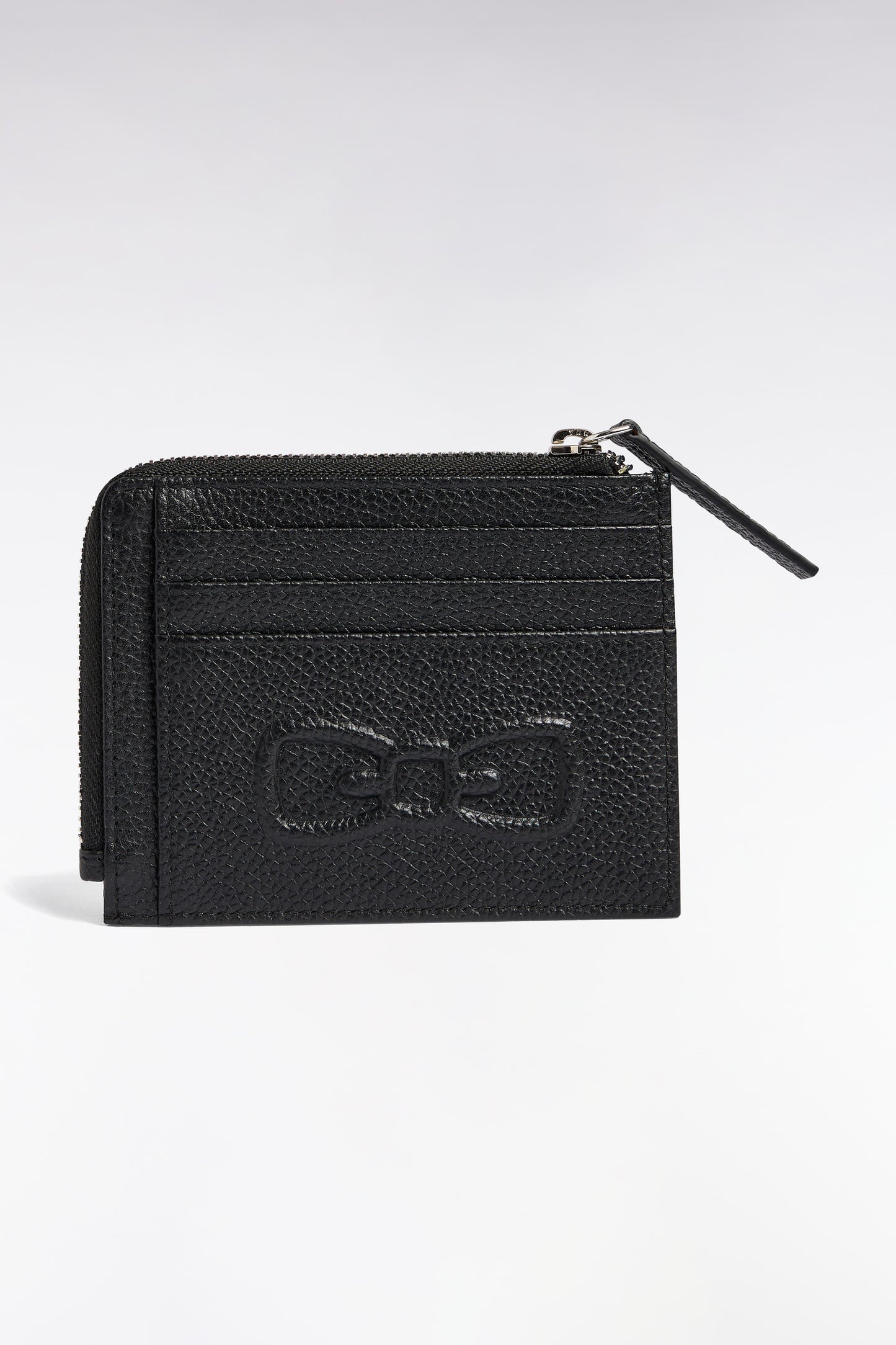 Zipped card holder in black grained leather