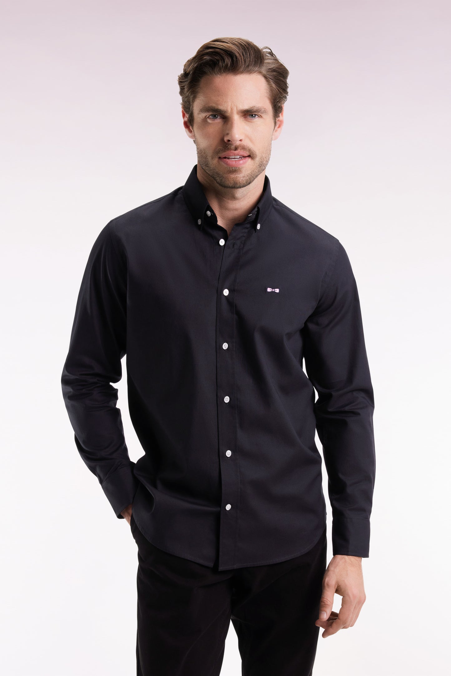 Black pinpoint cotton shirt with embroidered back, straight cut