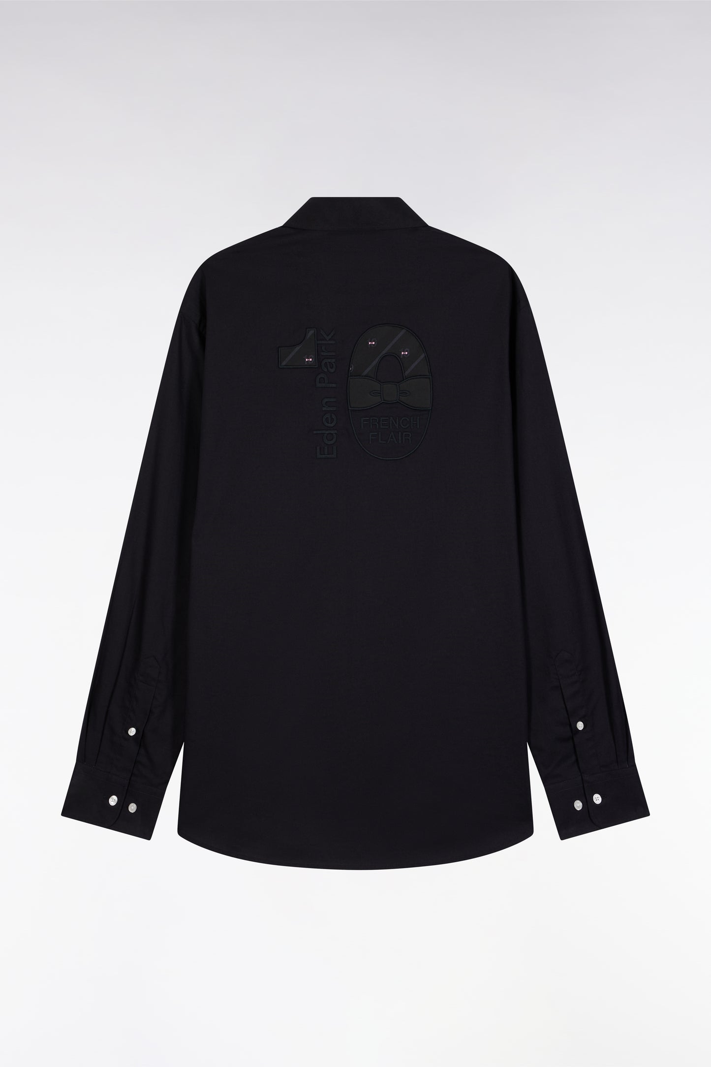 Black cotton shirt with bow-tie embroidery, straight cut