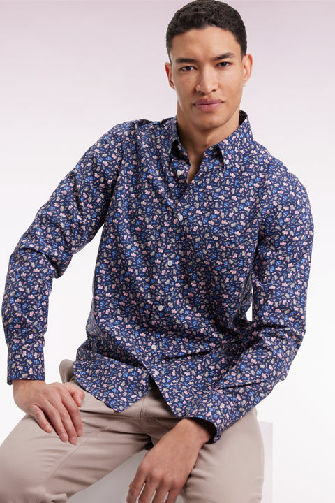 Blue cotton shirt with floral micropatterns, straight cut - Image 1