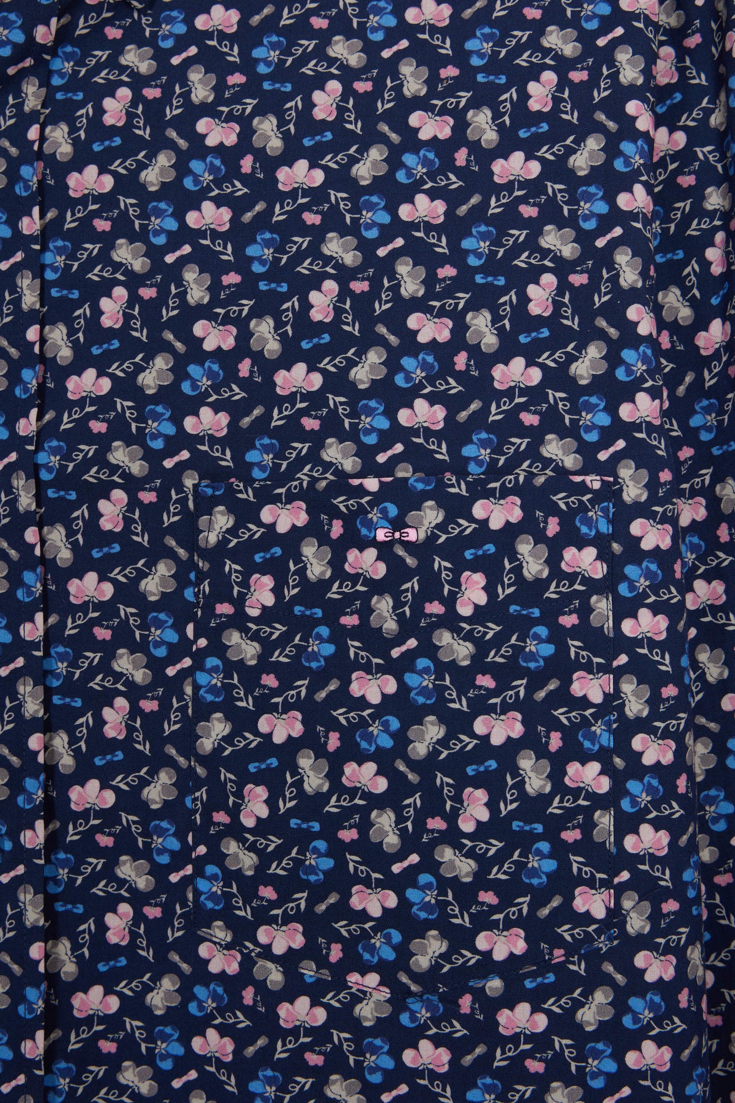 Blue cotton shirt with floral micropatterns, straight cut