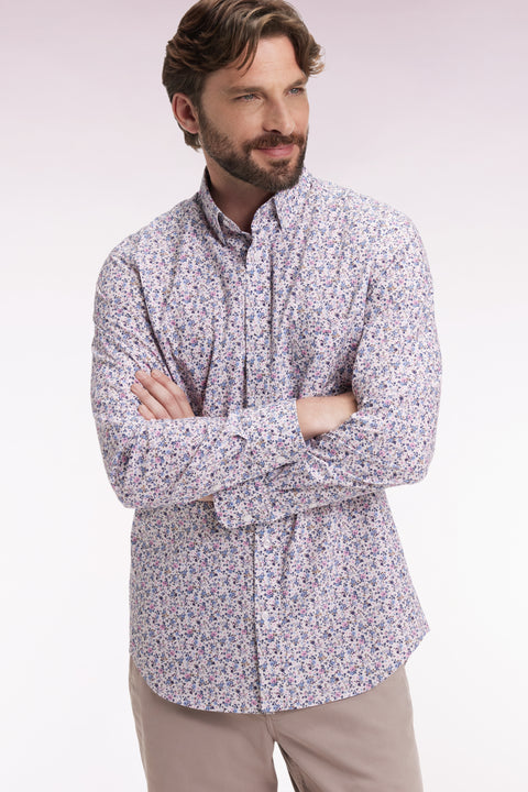 Beige cotton shirt with floral micropatterns, straight cut - Image 1