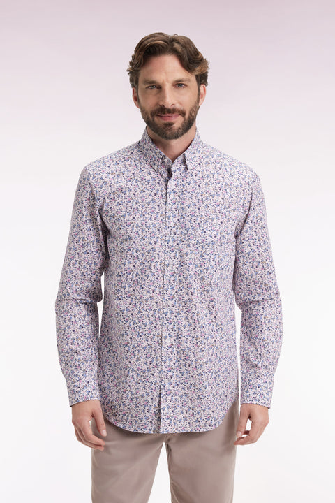 Beige cotton shirt with floral micropatterns, straight cut - Image 3
