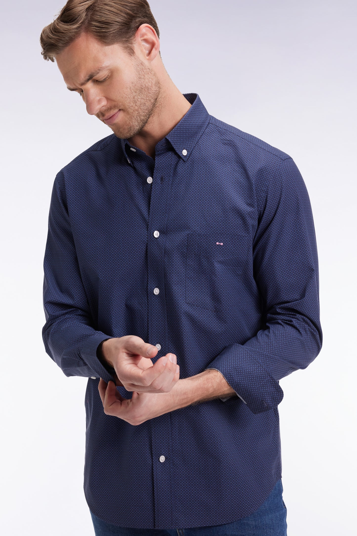 Cotton poplin shirt with blue micro-patterns, straight cut