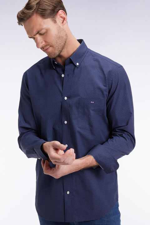 Cotton poplin shirt with blue micro-patterns, straight cut - Image 1