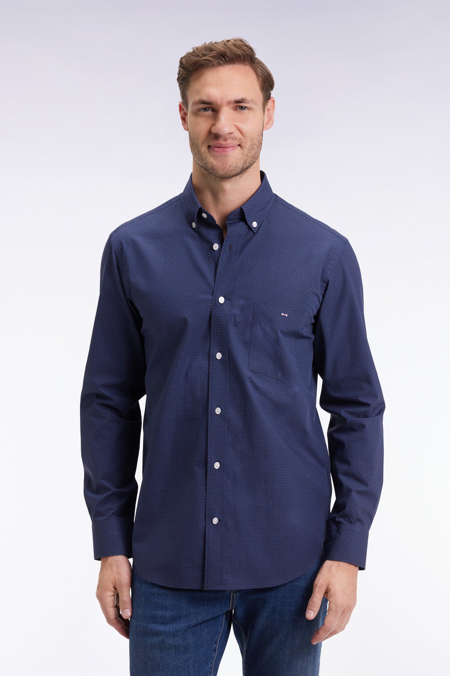 Cotton poplin shirt with blue micro-patterns, straight cut