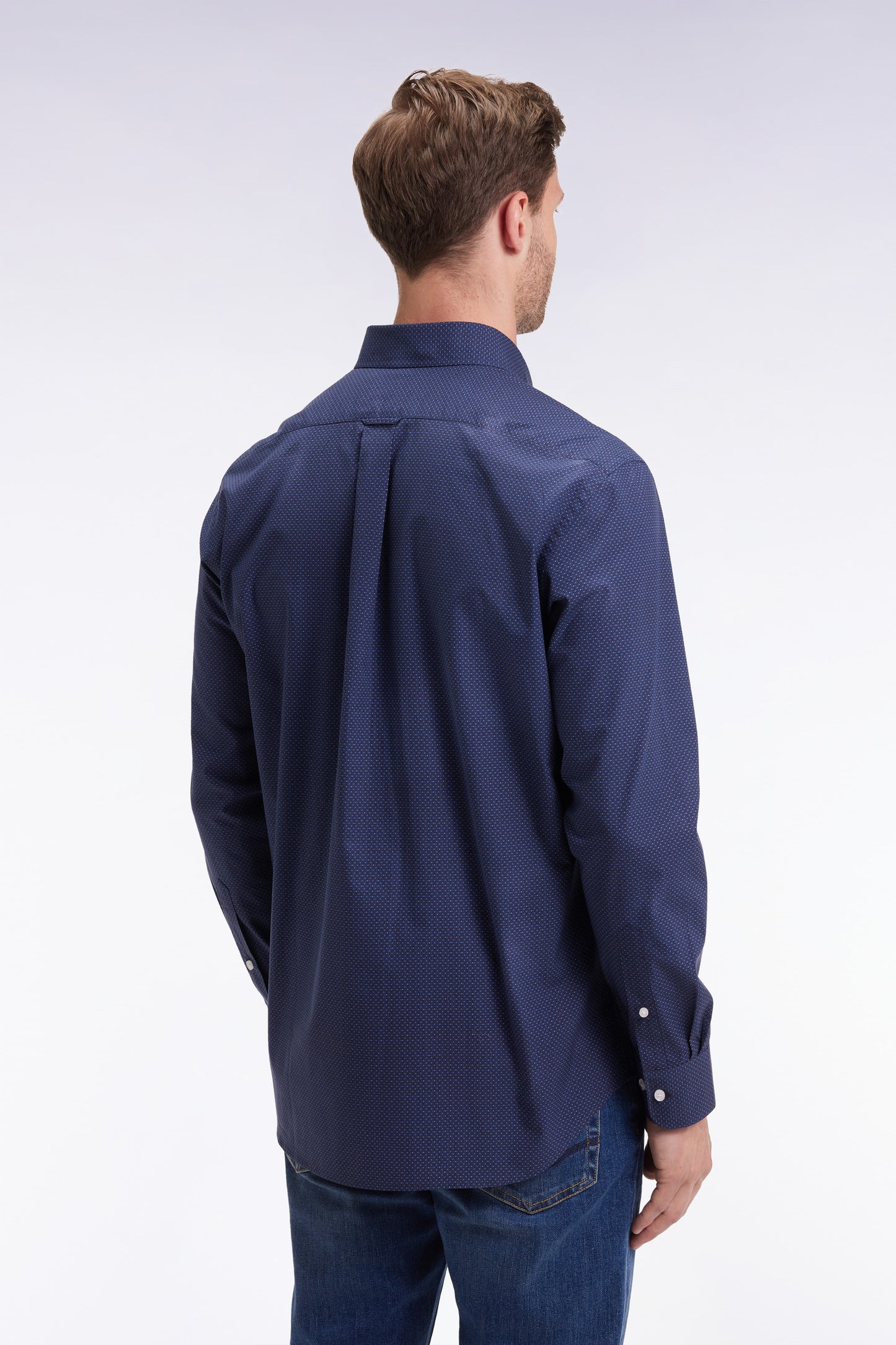 Cotton poplin shirt with blue micro-patterns, straight cut