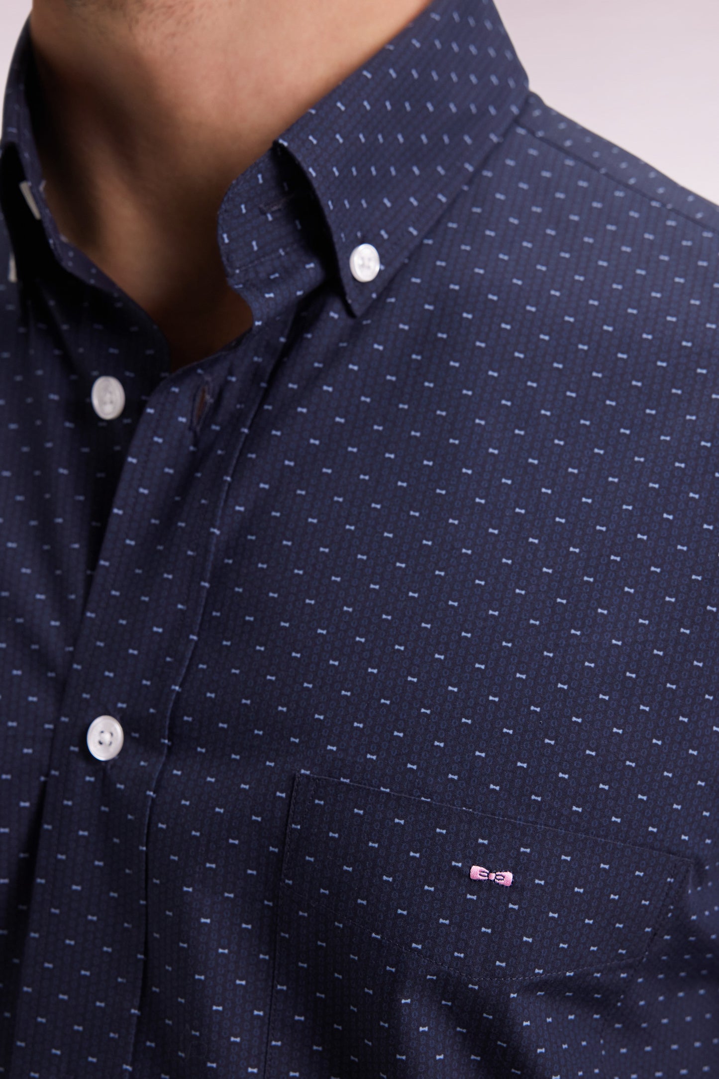 Cotton shirt with navy micropatterned bow ties, straight cut