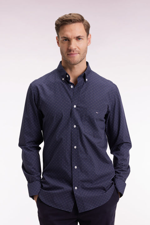 Navy cotton shirt with micropatterned bow tie, straight cut - Image 3