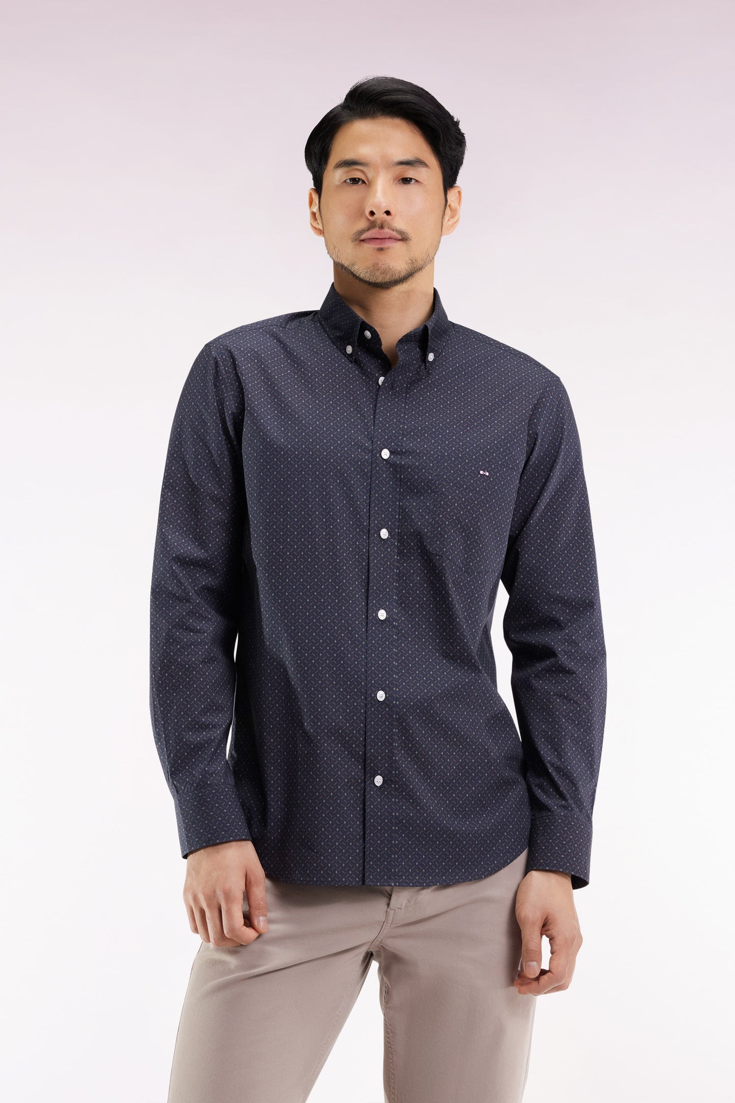Brown cotton shirt with micro-patterns, straight cut