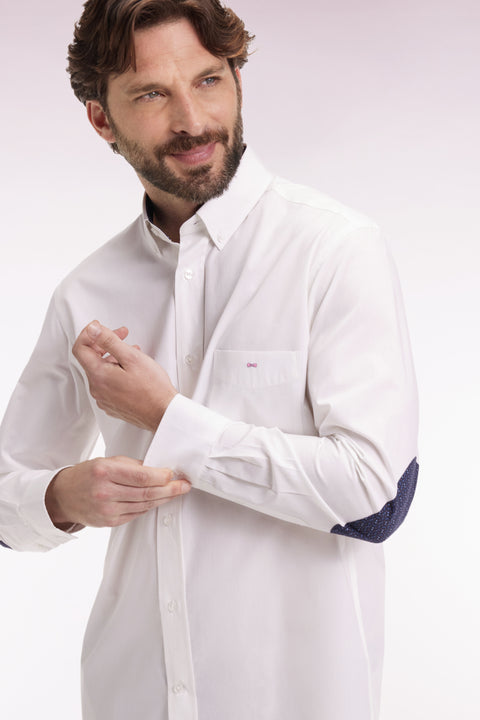 White cotton shirt with printed elbow patches, straight cut - Image 1