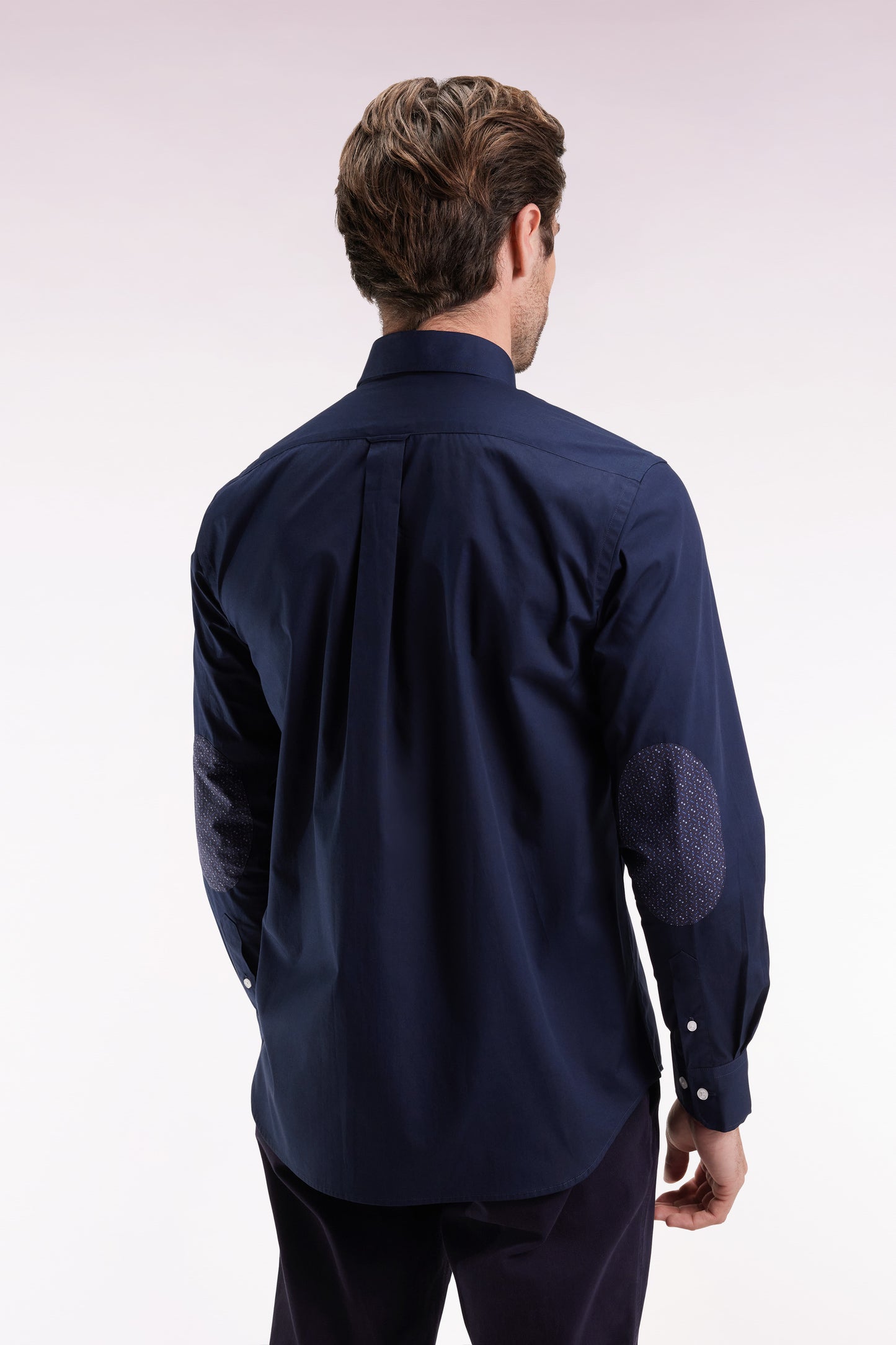 Navy cotton shirt with printed elbow patches, straight cut