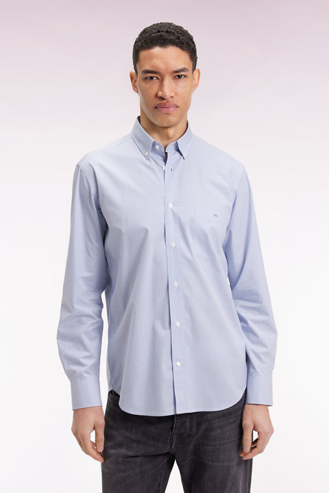 Blue cotton poplin gingham shirt, straight cut - Image 3