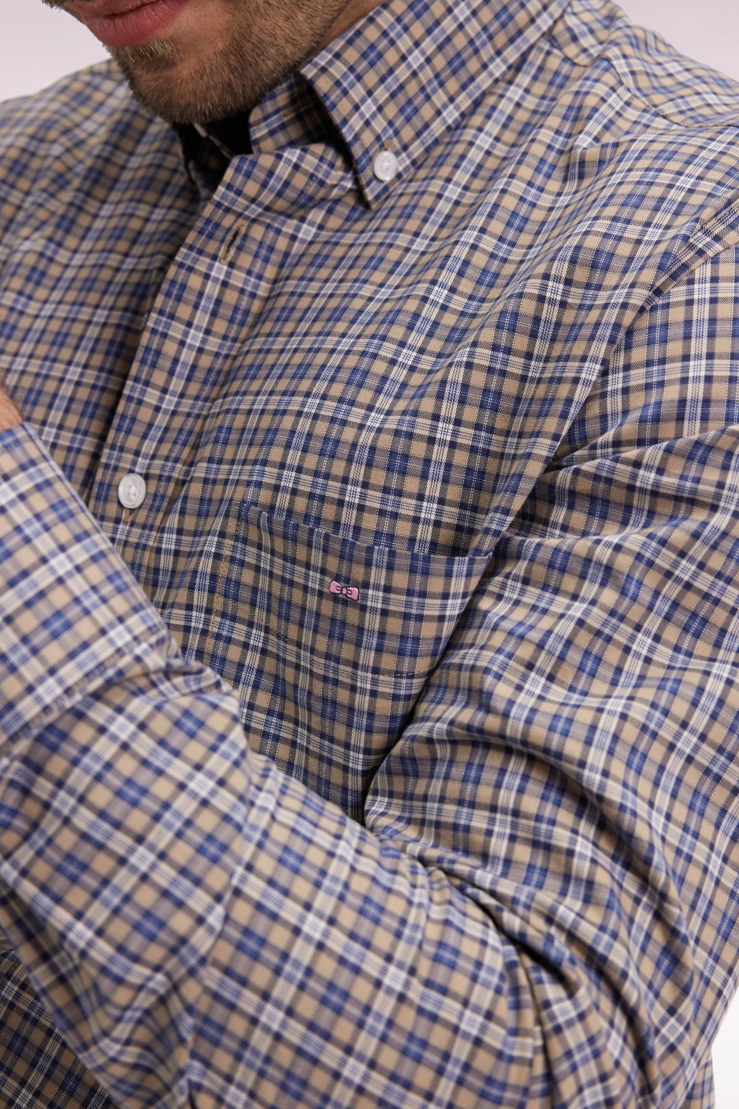 Beige cotton check shirt, straight cut