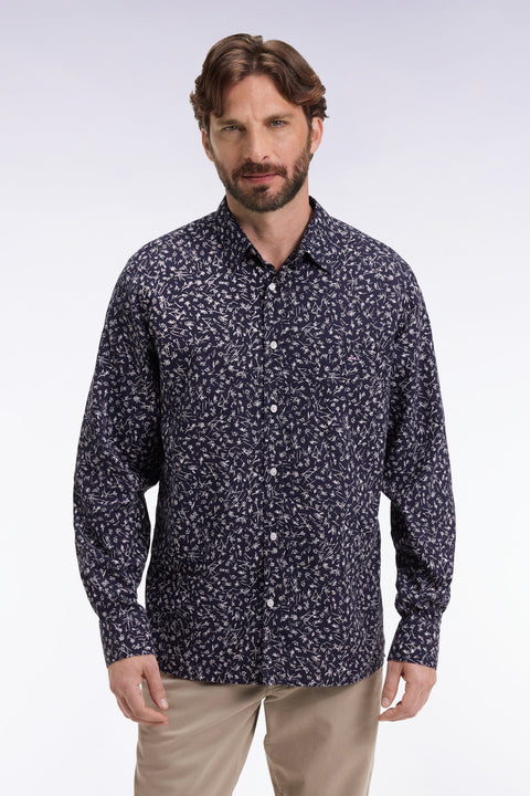 Navy cotton shirt with floral print, straight cut - Image 3