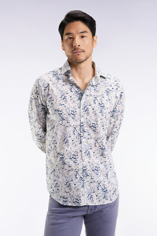 Light grey cotton floral print shirt, straight cut