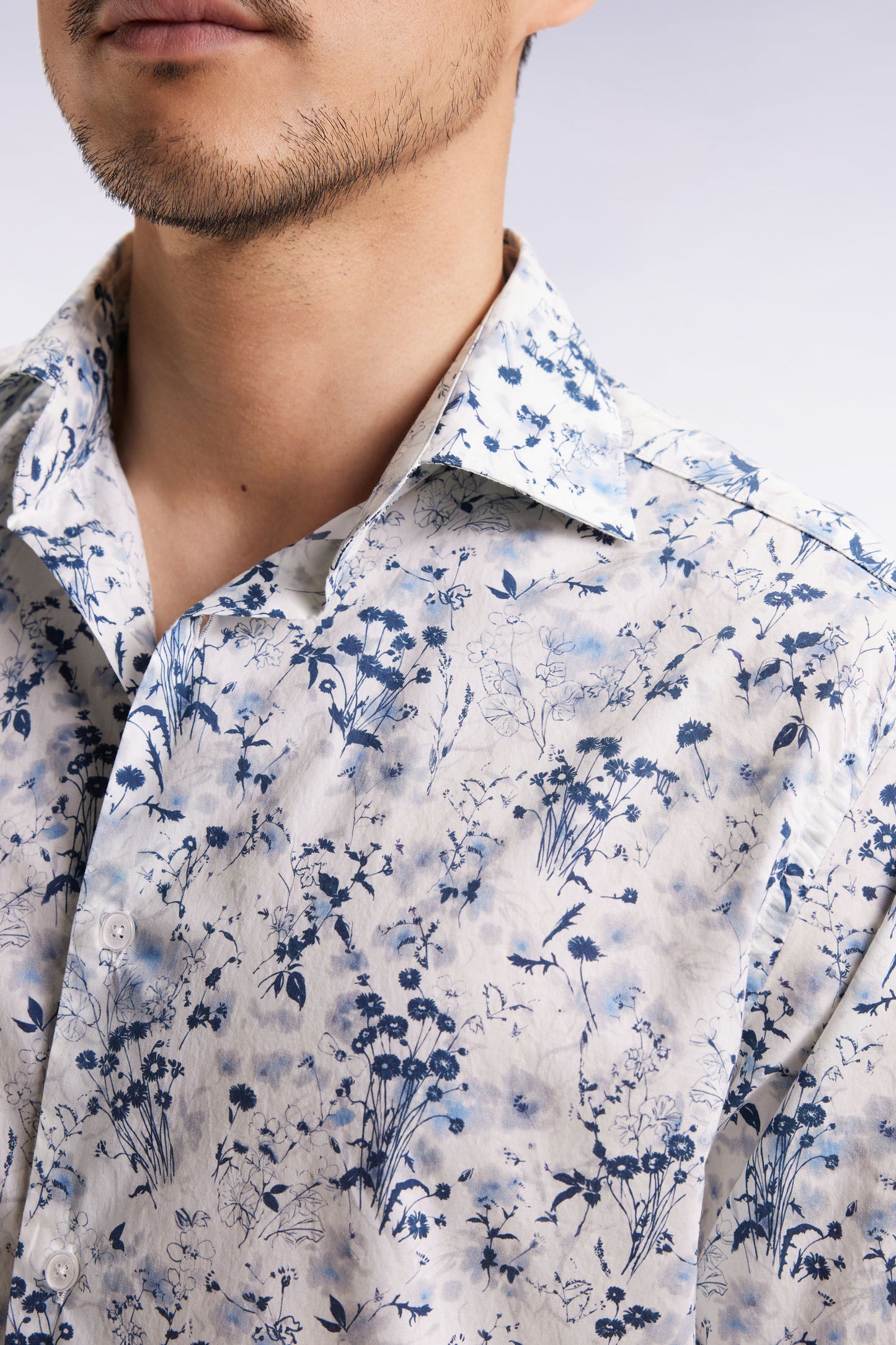 Light grey cotton floral print shirt, straight cut