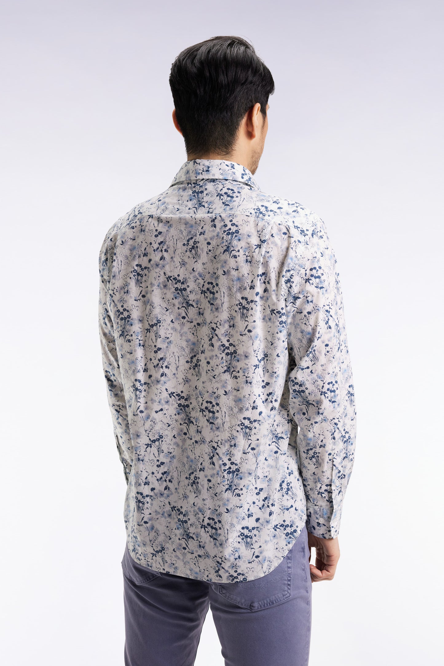 Light grey cotton floral print shirt, straight cut
