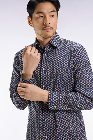 Navy cotton shirt with graphic floral print, straight cut