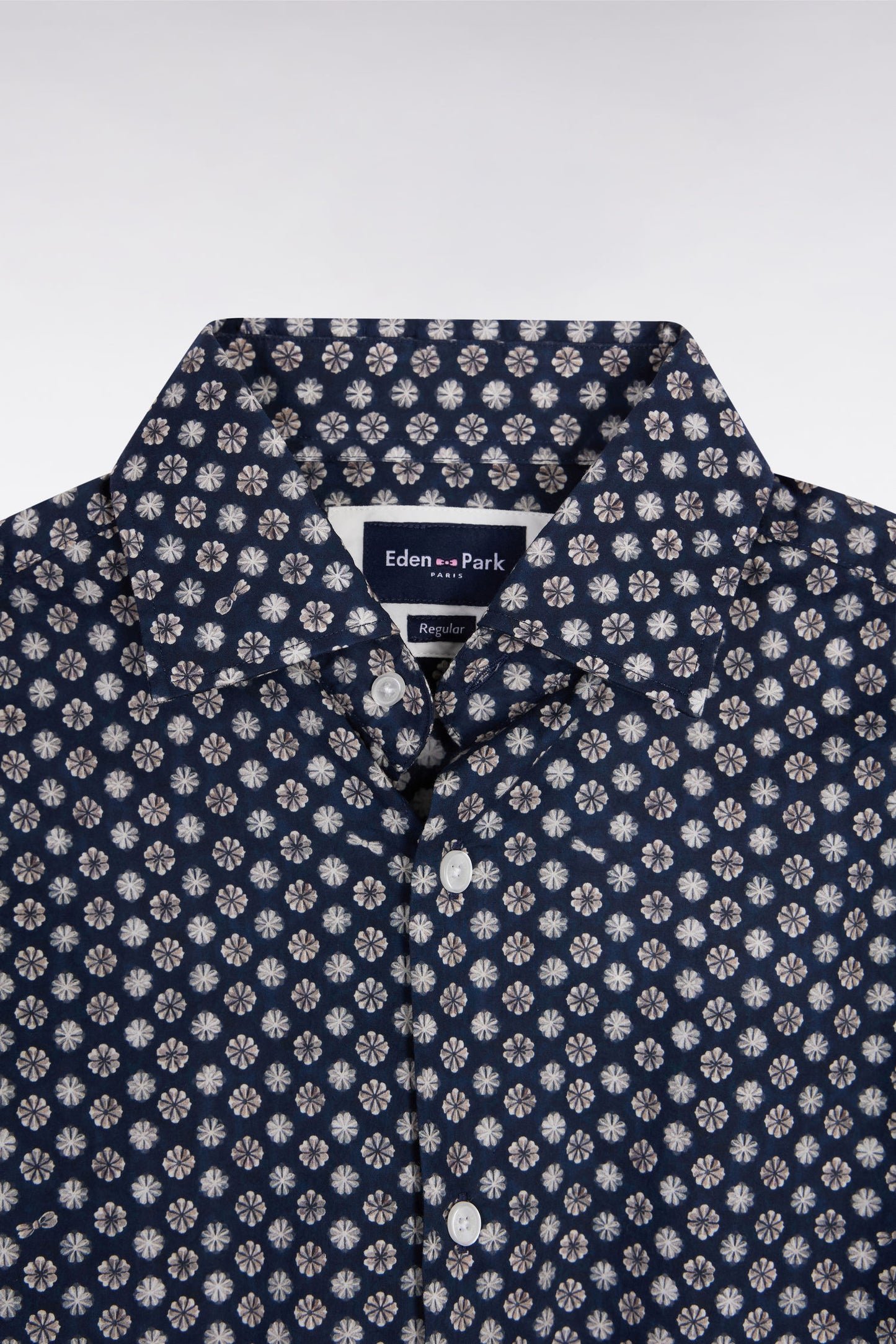 Navy cotton shirt with graphic floral print, straight cut