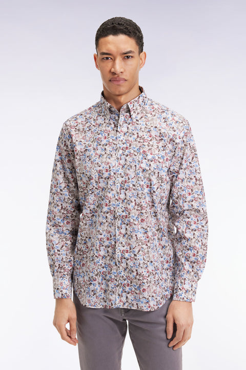 Brown cotton floral micropattern shirt, straight cut - Image 1