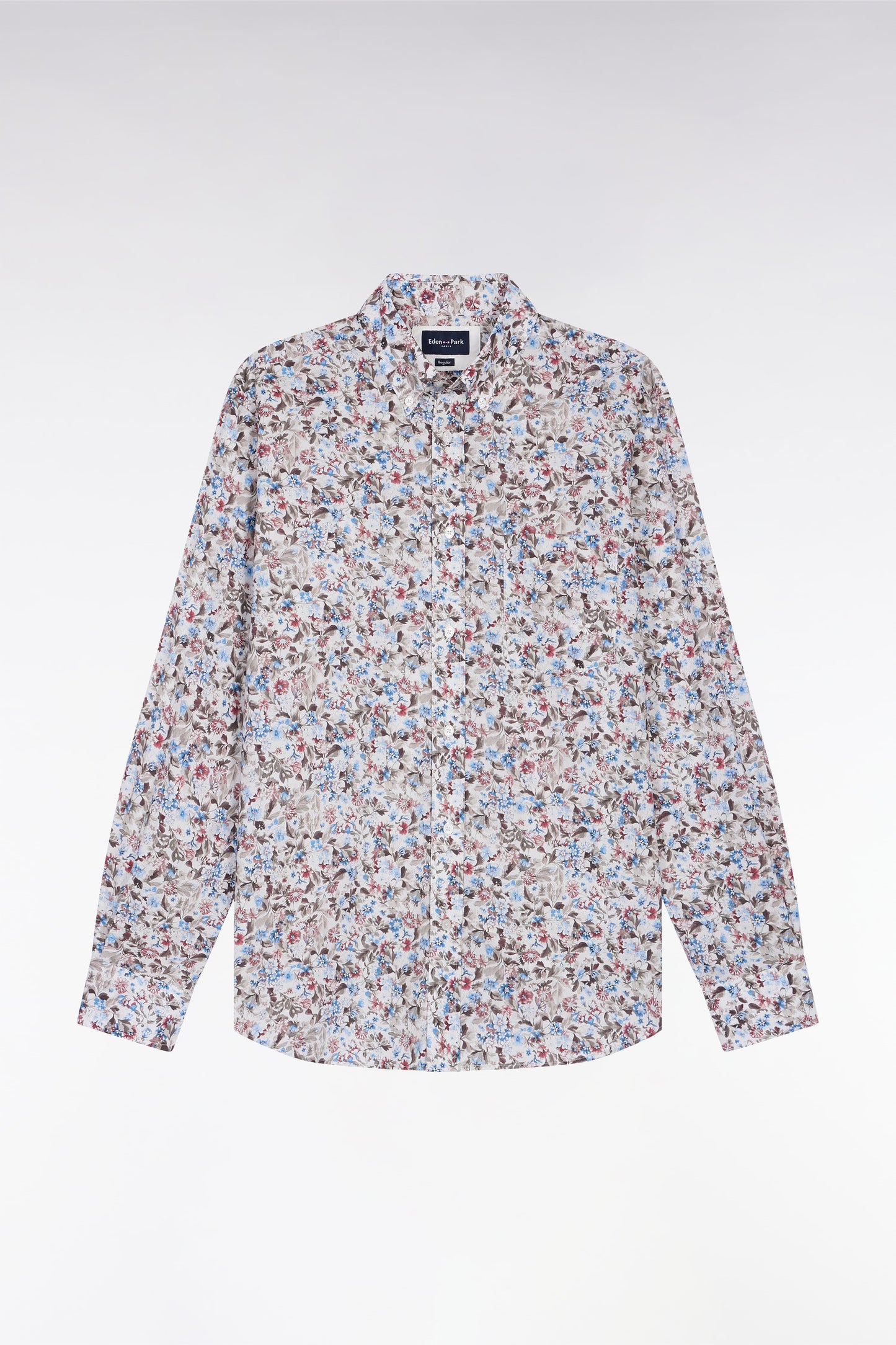 Brown cotton floral micropattern shirt, straight cut