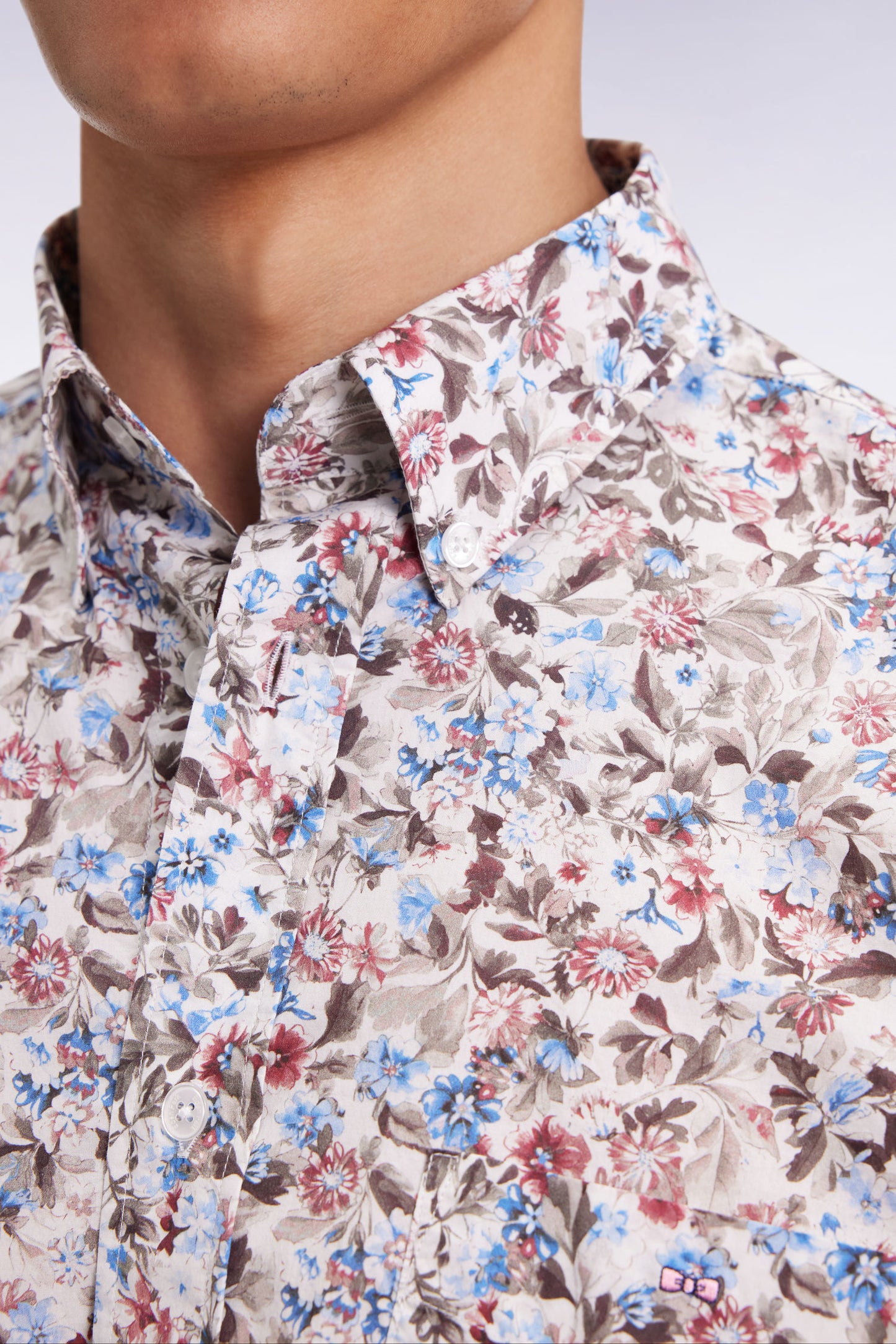 Brown cotton floral micropattern shirt, straight cut