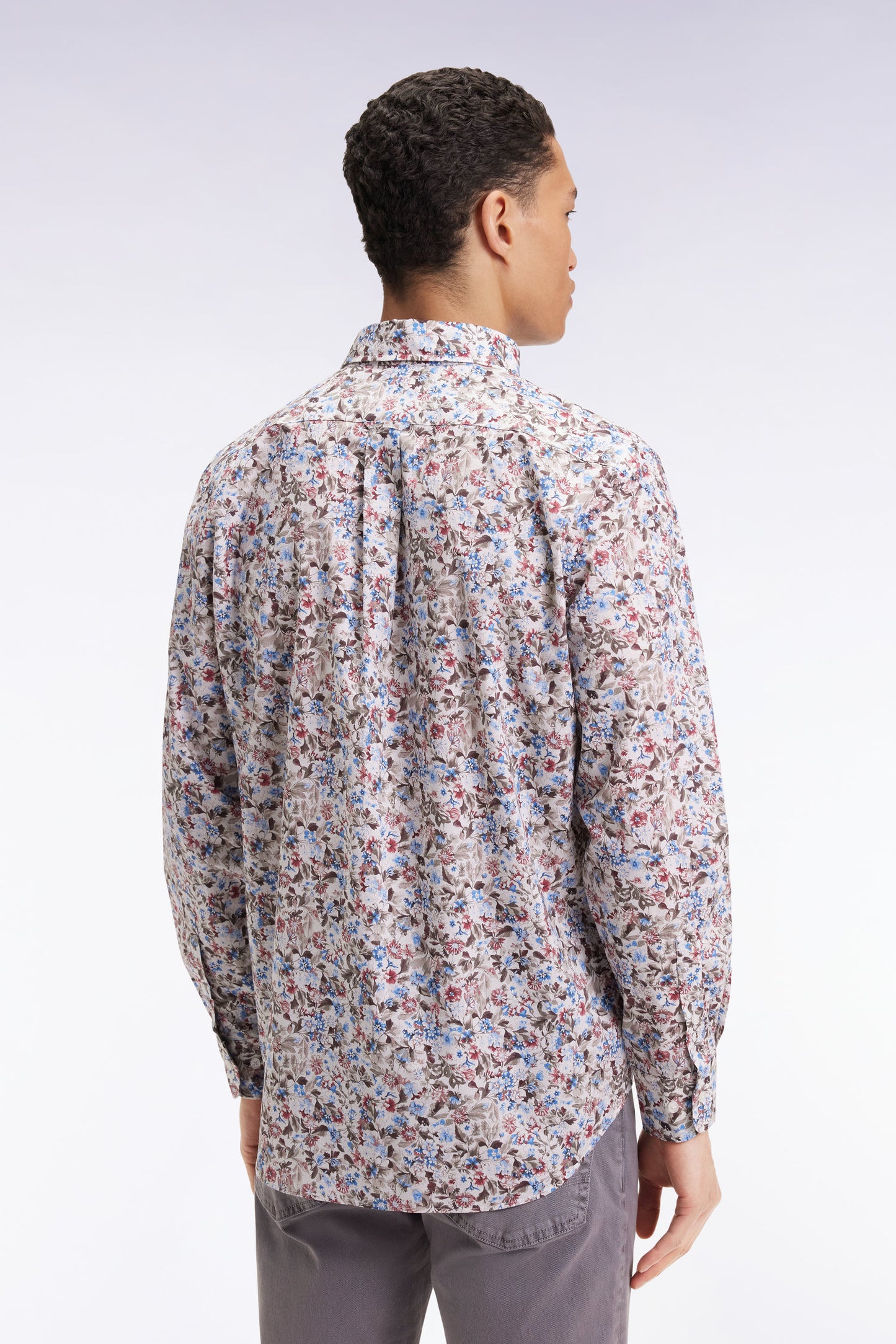 Brown cotton floral micropattern shirt, straight cut