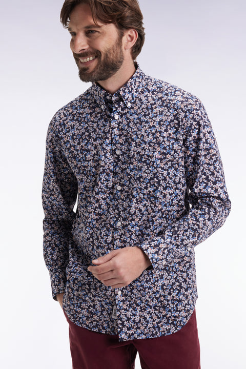 Cotton poplin shirt with blue floral micropatterns, straight cut - Image 1