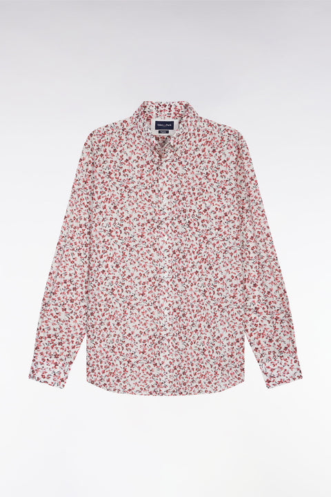 Cotton poplin shirt with red floral micropatterns, straight cut - Image 2