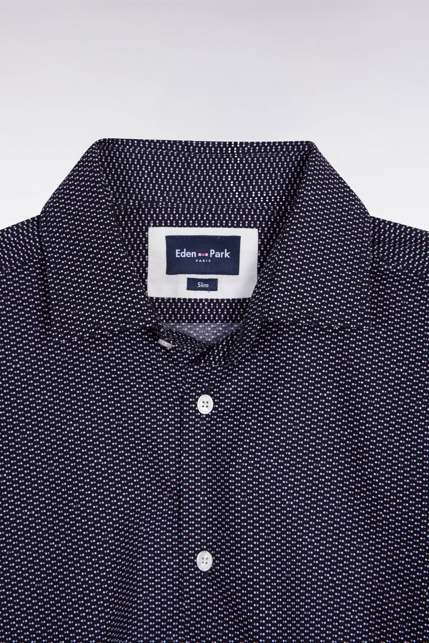 Cotton shirt with pink polka dot micropattern, slim fit