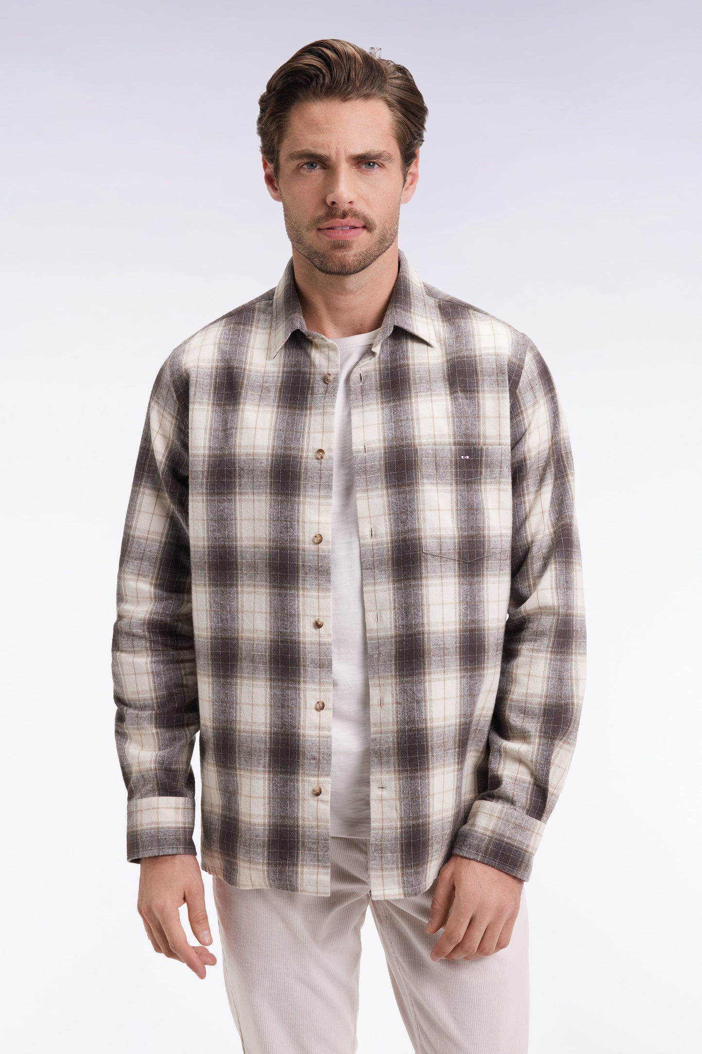 Japanese cotton beige straight-cut check shirt